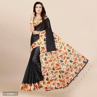 Beautiful Pure Silk Black Printed Saree With Blouse Piece For Women-thumb0