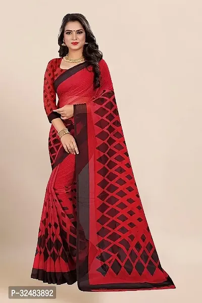 Stylish Red Georgette Printed Saree with Blouse piece For Women