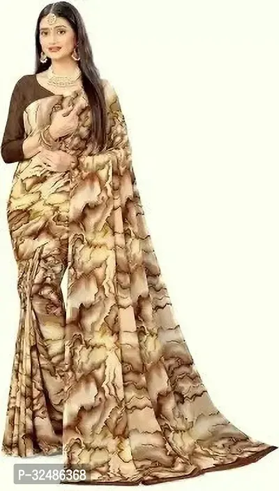 Beautiful Georgette Brown Printed Saree With Blouse Piece For Women