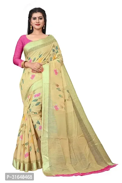 Elegant Cream Cotton Blend Saree with Blouse piece For Women-thumb0