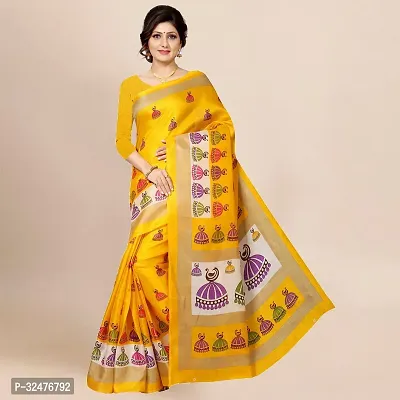 Beautiful Yellow Silk Blend Printed Saree With Blouse Piece For Women