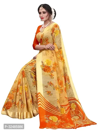 Elegant Beige Cotton Linen Printed Saree With Blouse Piece For Women Pack Of 1-thumb2