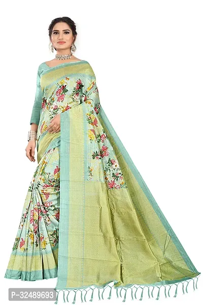 Beautiful Silk Blend Green Printed  Saree with Blouse piece For Women-thumb0