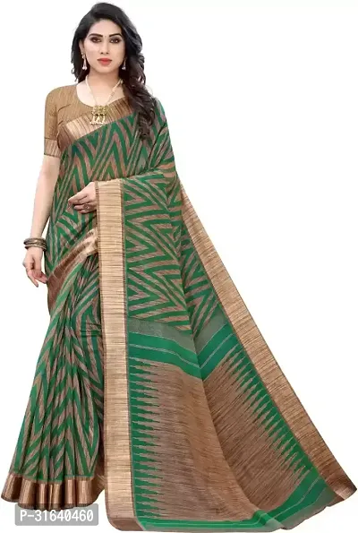 Elegant Green Cotton Blend Saree with Blouse piece For Women-thumb0