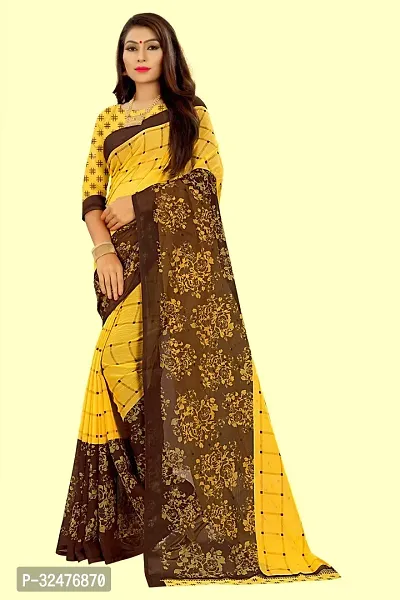 Beautiful Yellow Georgette Printed Saree With Blouse Piece For Women-thumb0