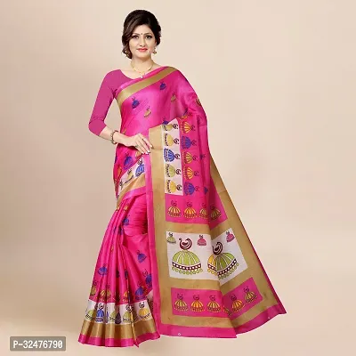 Beautiful Pink Silk Blend Printed Saree With Blouse Piece For Women