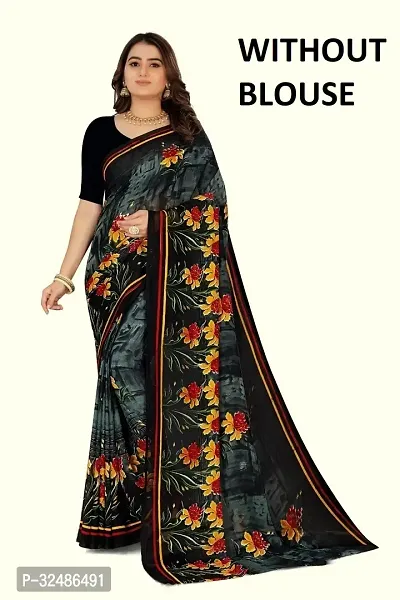 Beautiful Georgette Grey Printed Saree Without Blouse Piece For Women-thumb0