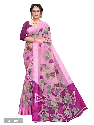 Elegant Lavender Cotton Blend Saree with Blouse piece For Women-thumb0