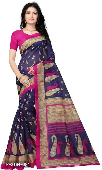 Elegant Navy Blue Cotton Blend Saree without Blouse piece For Women-thumb0