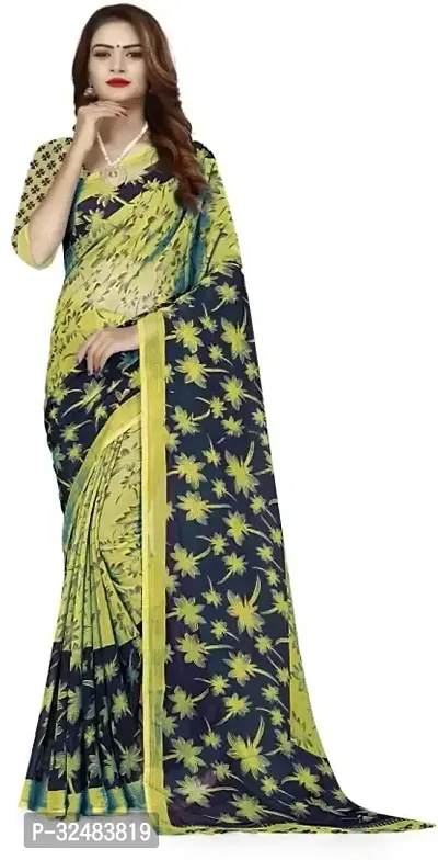 Stylish Green Chiffon Printed Saree with Blouse piece For Women-thumb0