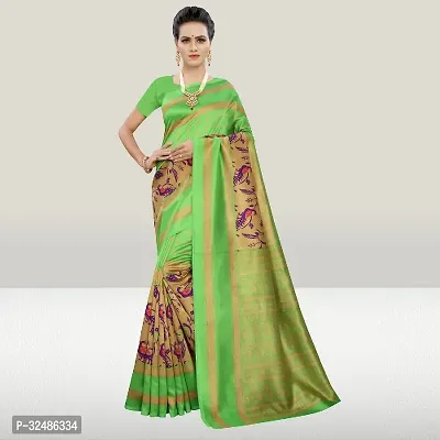 Beautiful Silk Blend Green Printed Saree With Blouse Piece For Women-thumb0