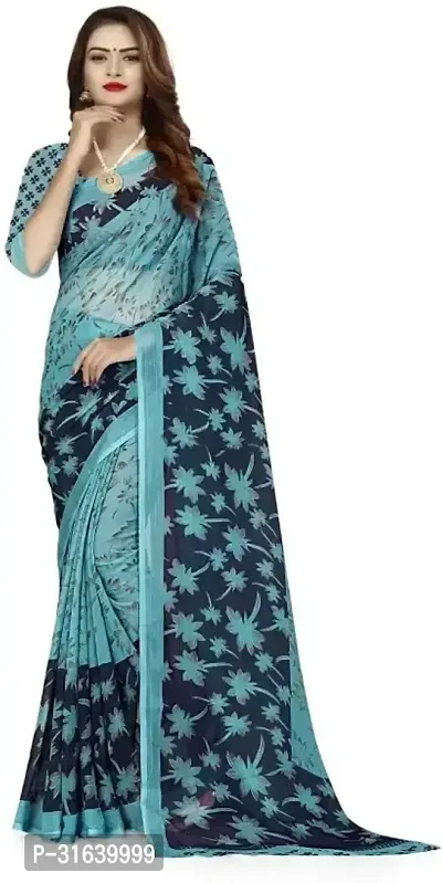 Elegant Blue Chiffon Saree without Blouse piece For Women-thumb0