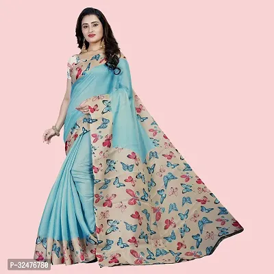 Beautiful Blue Silk Blend Printed Saree With Blouse Piece For Women-thumb0