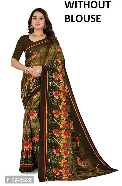 Beautiful Georgette Brown Printed Saree Without Blouse Piece For Women-thumb0