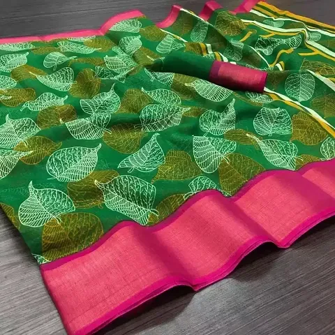 Linen Printed Zari Border Sarees with Blouse piece