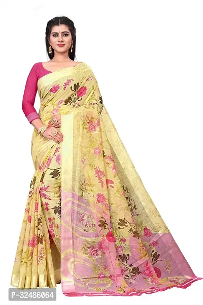 Elegant Beige Cotton Linen Printed Saree With Blouse Piece For Women Pack Of 1-thumb0