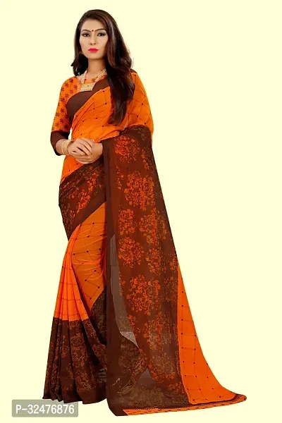 Beautiful Orange Georgette Printed Saree With Blouse Piece For Women-thumb0