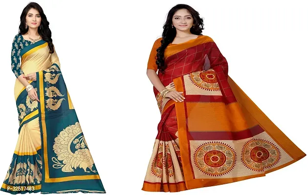 Beautiful Multicoloured Silk Blend Printed Saree With Blouse Piece For Women Pack Of 2-thumb0