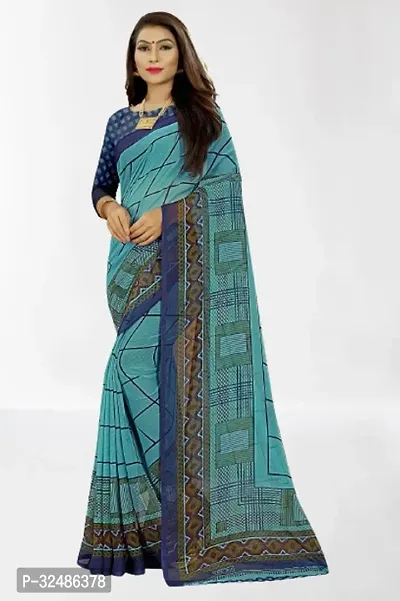 Beautiful Georgette Blue Printed Saree With Blouse Piece For Women