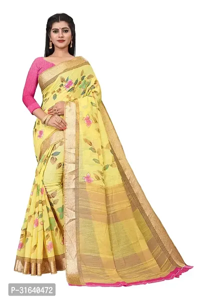 Elegant Yellow Cotton Blend Saree with Blouse piece For Women-thumb0