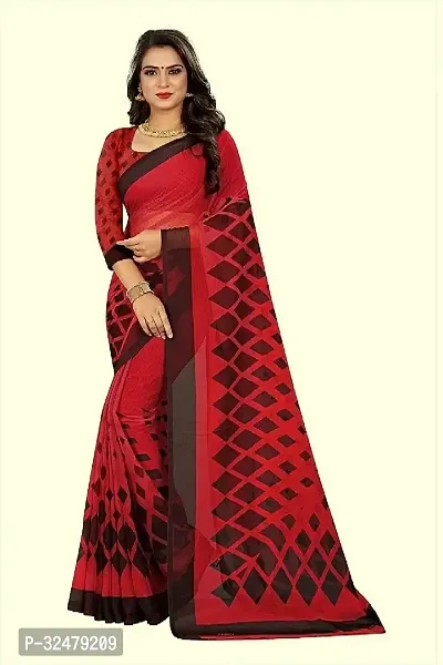 Beautiful Red Georgette Printed Saree With Blouse Piece For Women-thumb0