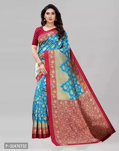 Beautiful Blue Art Silk Printed Saree With Blouse Piece For Women-thumb0