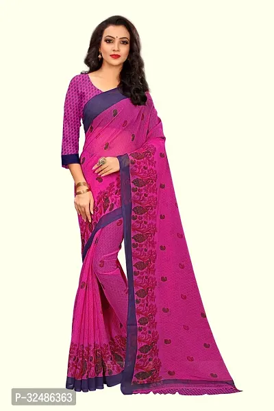 Beautiful Georgette Pink Printed Saree With Blouse Piece For Women-thumb0