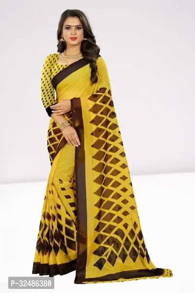 Beautiful Georgette Yellow Printed Saree With Blouse Piece For Women