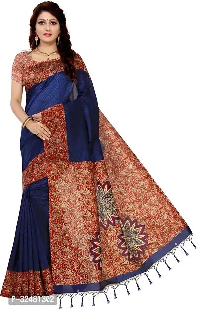 Elegant Blue Silk Blend Saree with Blouse piece For Women-thumb0