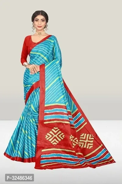 Beautiful Cotton Blend Blue Printed Saree With Blouse Piece For Women-thumb0