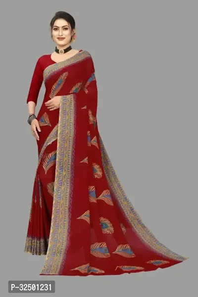 Stylish Red Georgette Printed Saree with Blouse piece For Women-thumb0