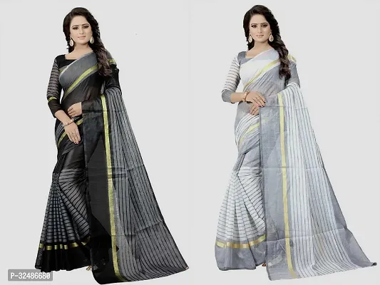 Beautiful Multicoloured Cotton Blend Striped Saree With Blouse Piece For Women Pack Of 2-thumb0