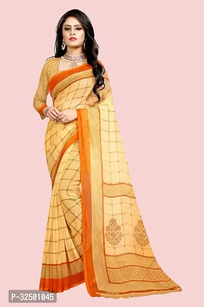 Stylish Yellow Georgette Checked Saree with Blouse piece For Women-thumb0