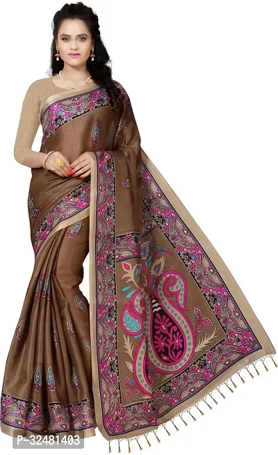 Elegant Brown Silk Blend Saree with Blouse piece For Women-thumb0