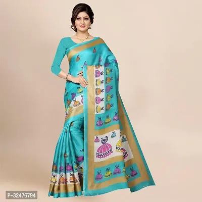 Beautiful Blue Silk Blend Printed Saree With Blouse Piece For Women-thumb0