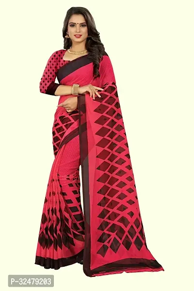 Beautiful Pink Georgette Printed Saree With Blouse Piece For Women-thumb0