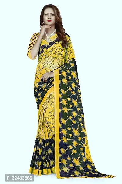 Stylish Yellow Georgette Printed Saree with Blouse piece For Women-thumb0