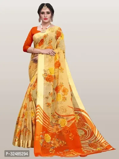 Elegant Cotton Blend Printed Saree with Blouse piece For Women