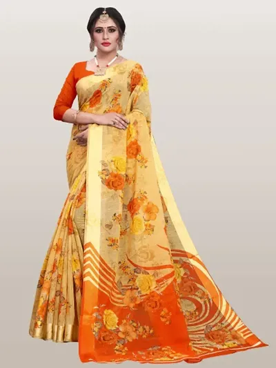 Glamorous Cotton Blend Saree with Blouse piece 