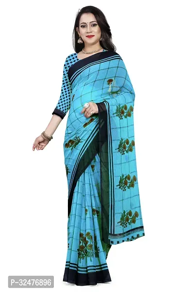 Beautiful Blue Georgette Printed Saree With Blouse Piece For Women-thumb0