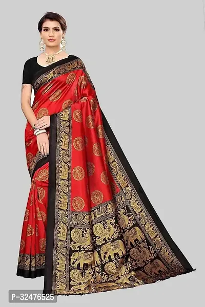 Elegant Red Art Silk Printed Saree With Blouse Piece For Women-thumb0