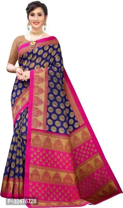 Beautiful Navy Blue Art Silk Printed Saree With Blouse Piece For Women-thumb0