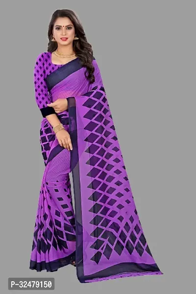 Beautiful Purple Georgette Printed Saree With Blouse Piece For Women-thumb0