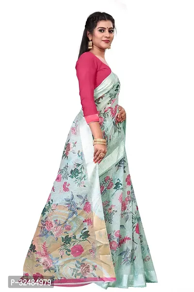 Elegant Cotton Linen Printed Saree with Blouse piece For Women-thumb3