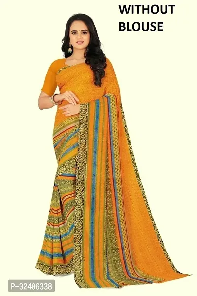 Beautiful Georgette Yellow Printed Saree Without Blouse Piece For Women-thumb0