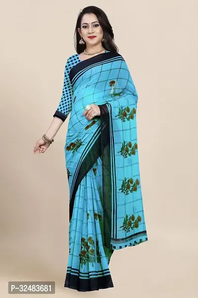 Stylish Blue Georgette Printed Saree with Blouse piece For Women-thumb0