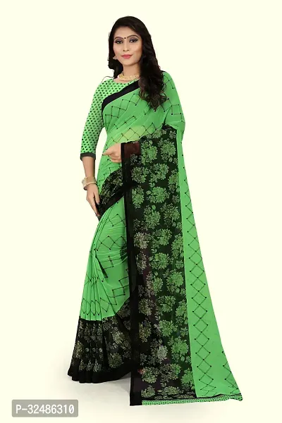 Beautiful Georgette Green Printed Saree With Blouse Piece For Women-thumb0