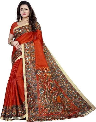 Beautiful Orange Cotton Blend Printed Saree With Blouse Piece For Women-thumb0