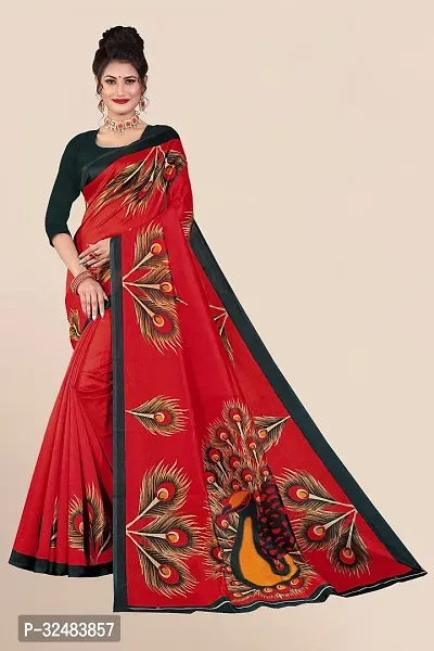 Stylish Red Art Silk Printed Saree with Blouse piece For Women-thumb0