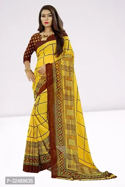 Beautiful Georgette Yellow Printed  Saree with Blouse piece For Women